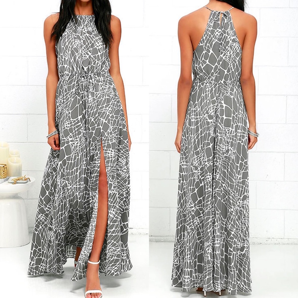 Lulu’s Marble Mood Grey Print Halter Maxi Dress Size Small NWT